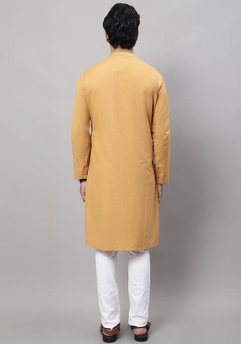 Mustard Yellow Plain Pure Cotton Kurta For Men
