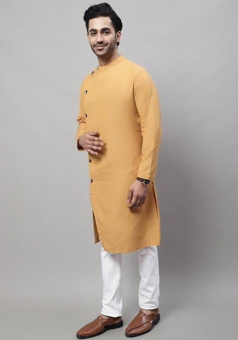 Mustard Yellow Plain Pure Cotton Kurta For Men