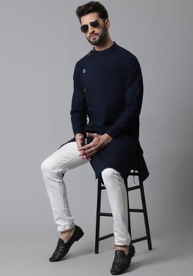 Blue Plain Pure Cotton Kurta For Men
