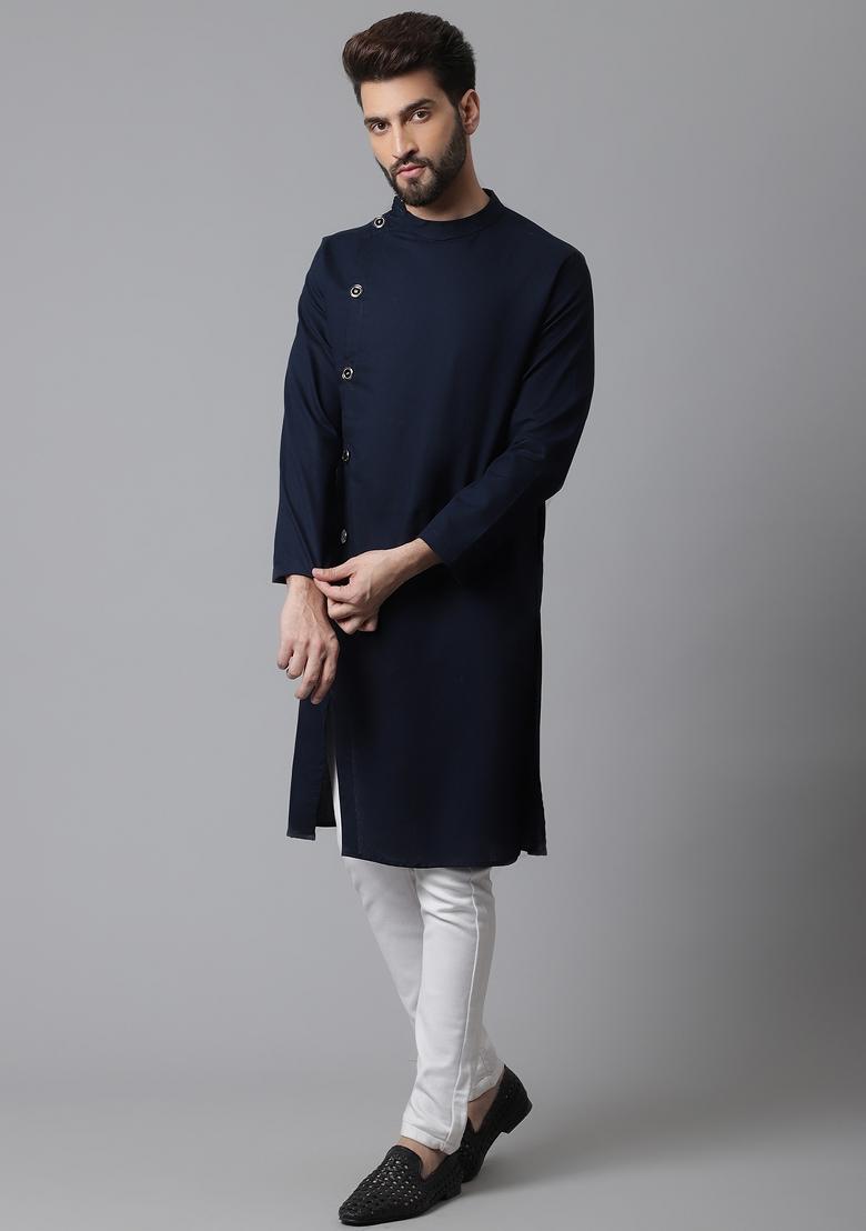 Blue Plain Pure Cotton Kurta For Men