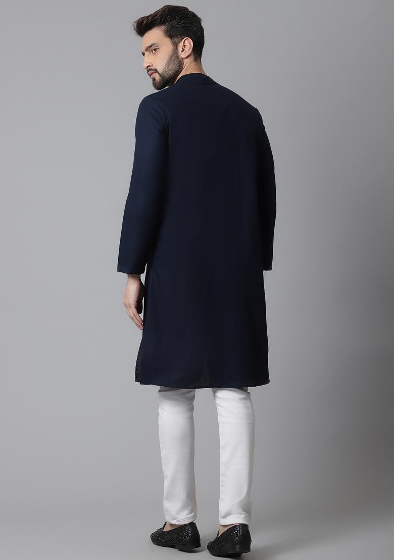Blue Plain Pure Cotton Kurta For Men
