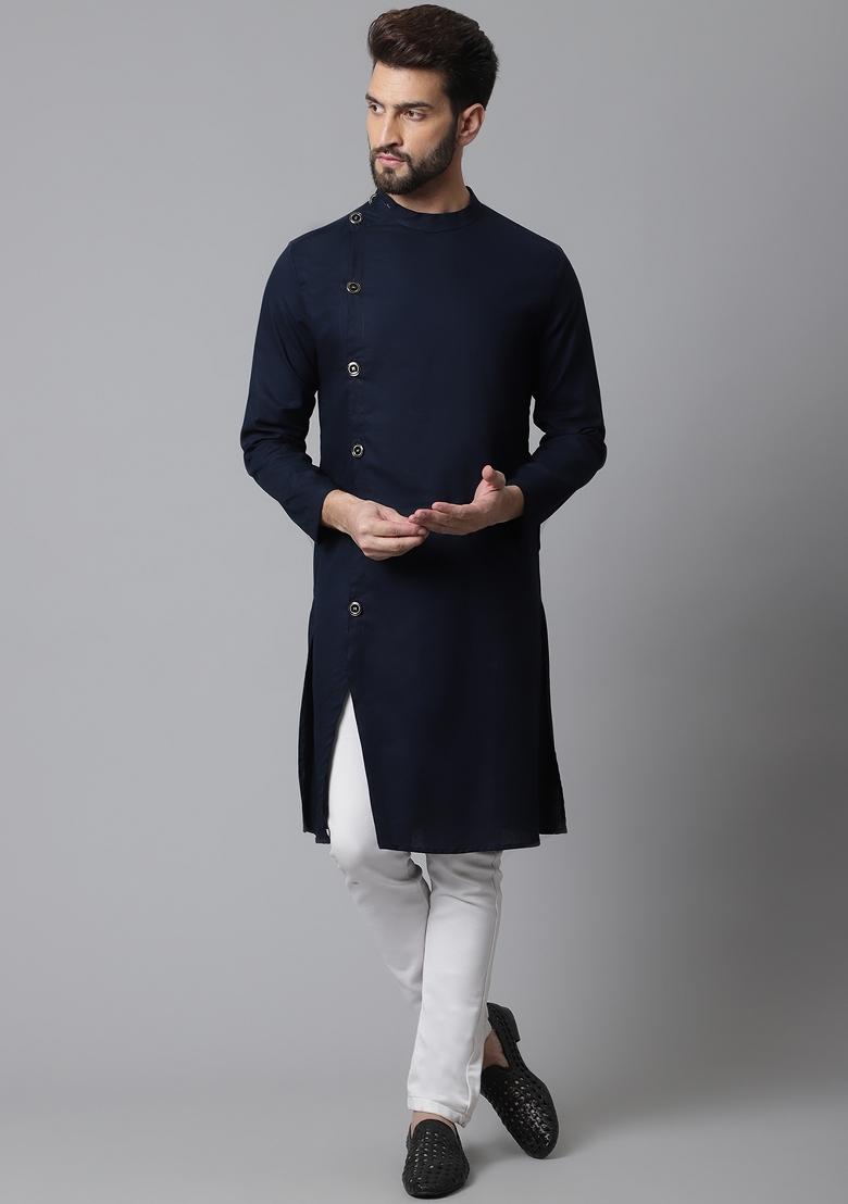 Blue Plain Pure Cotton Kurta For Men
