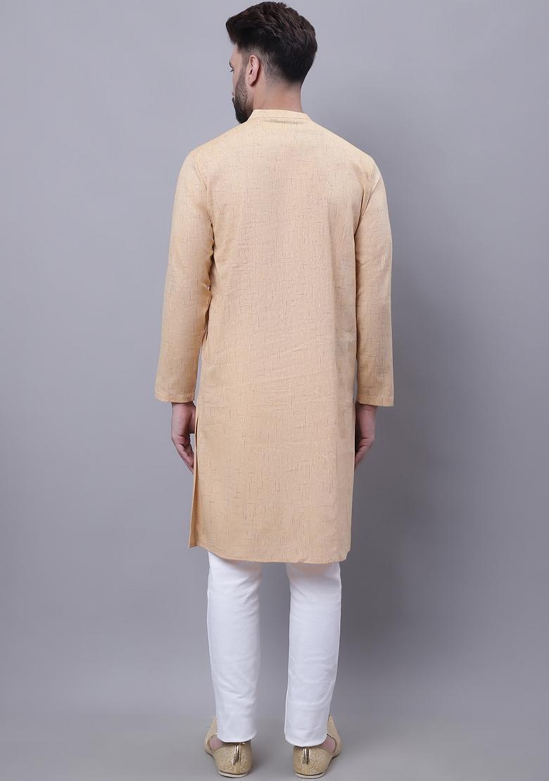 Beige Plain Pure Cotton Kurta For Men