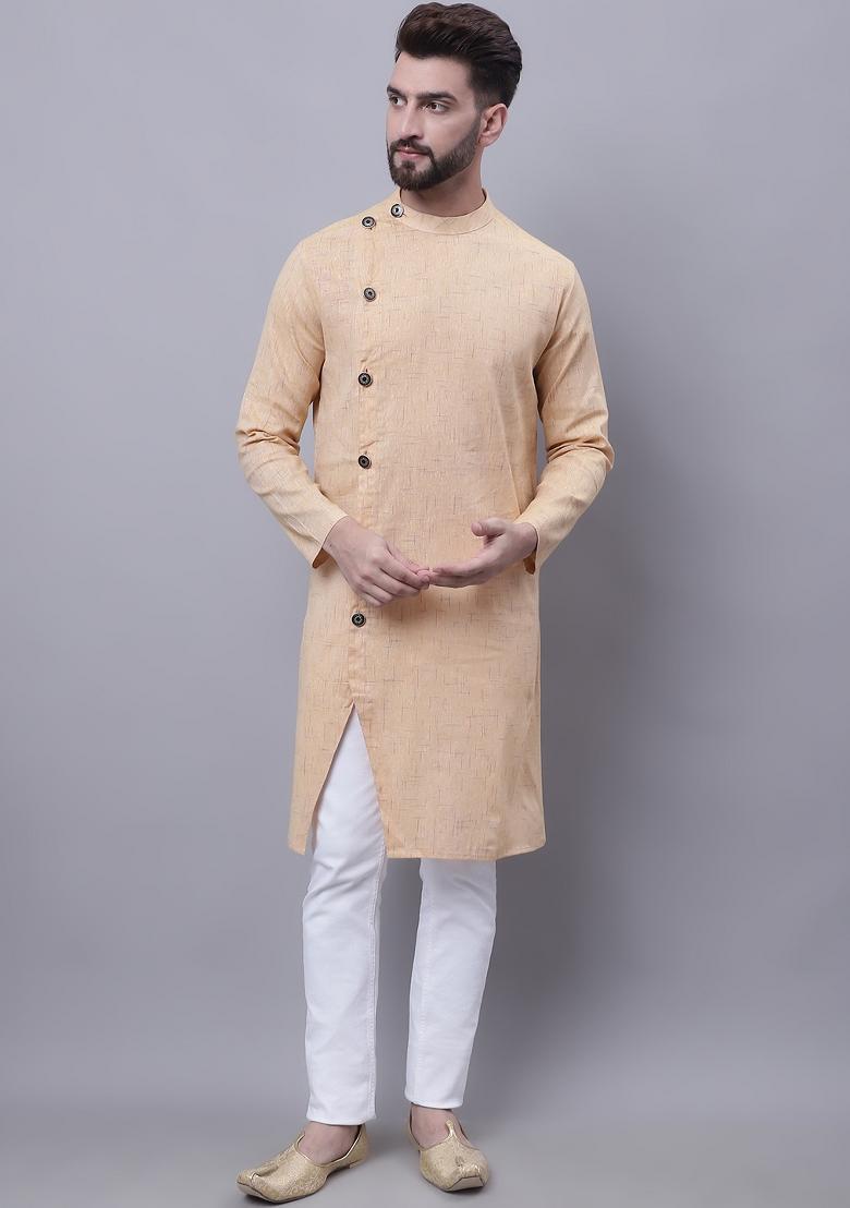 Beige Plain Pure Cotton Kurta For Men