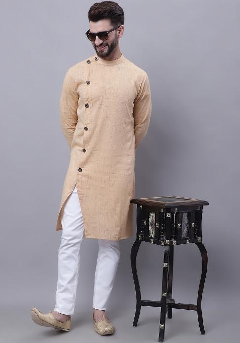 Beige Plain Pure Cotton Kurta For Men