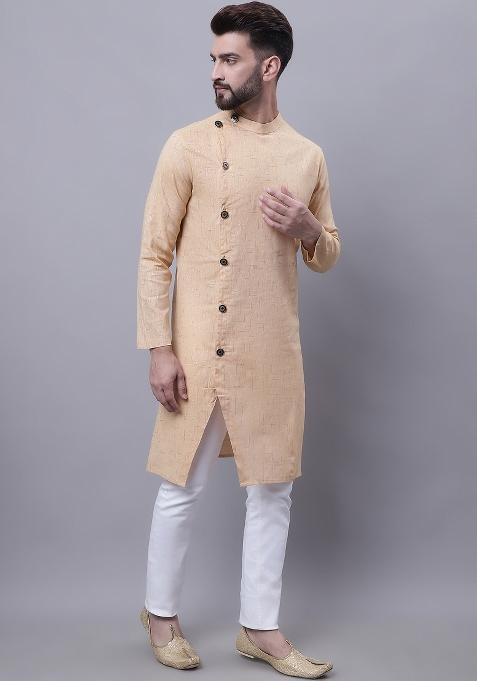 Beige Plain Pure Cotton Kurta For Men