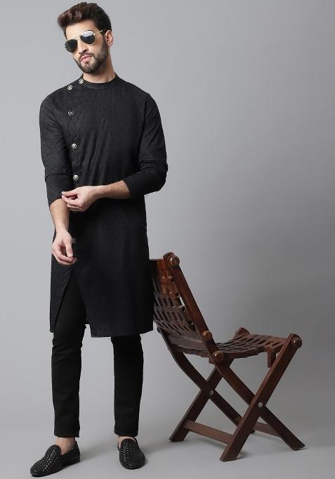Black Plain Pure Cotton Kurta For Men
