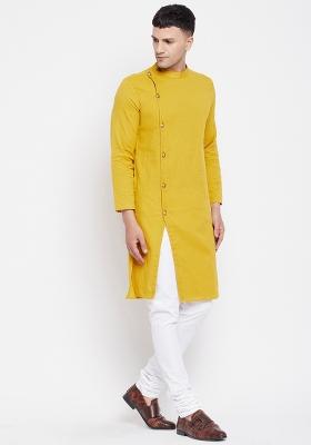 Yellow Plain Pure Cotton Kurta For Men