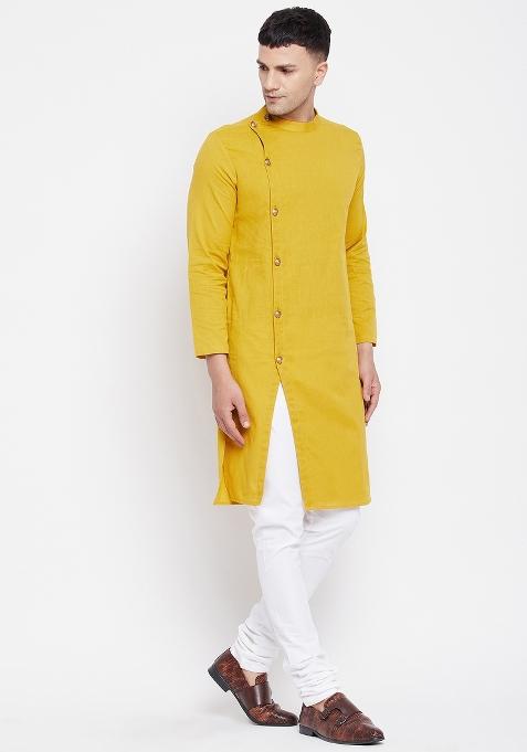Yellow Plain Pure Cotton Kurta For Men