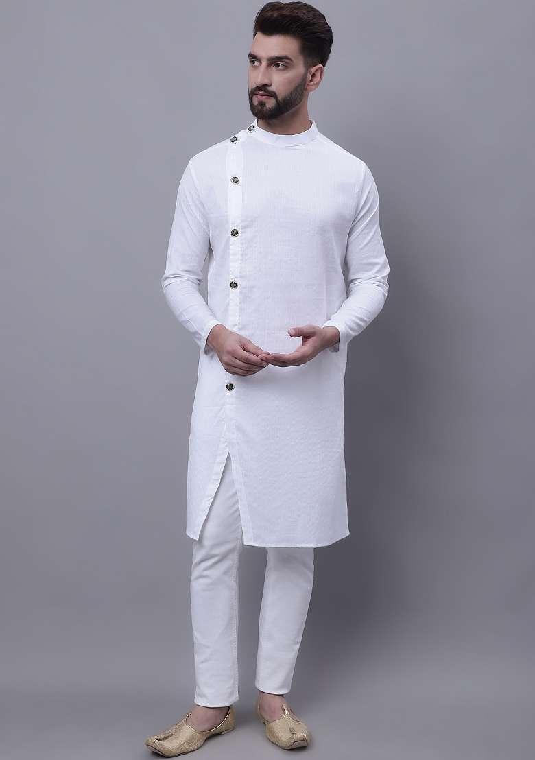 White Plain Pure Cotton Kurta For Men - Indya