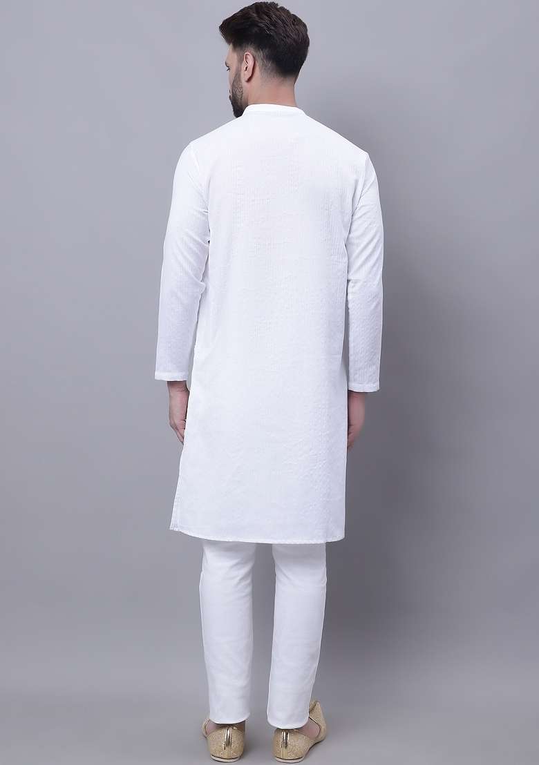 White Plain Pure Cotton Kurta For Men - Indya