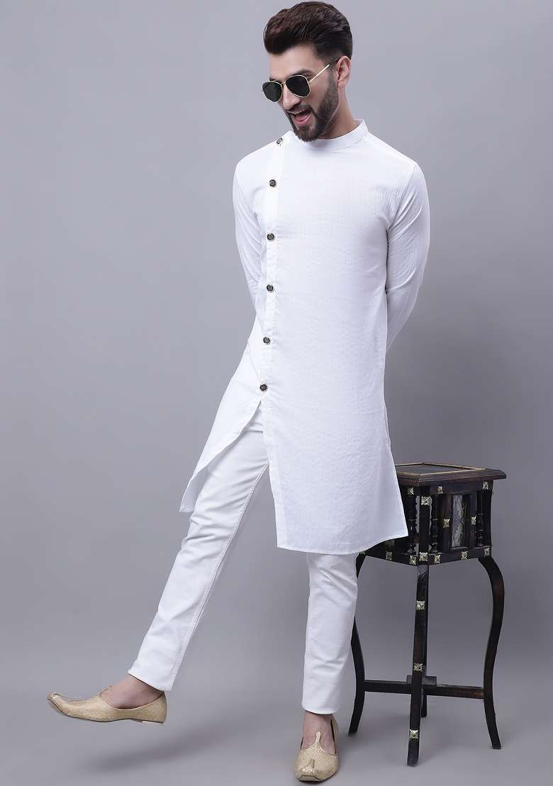 White Plain Pure Cotton Kurta For Men - Indya