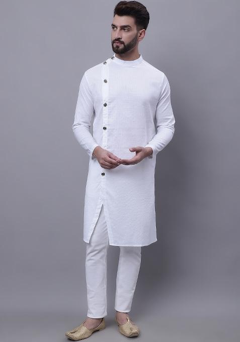 White Plain Pure Cotton Kurta For Men