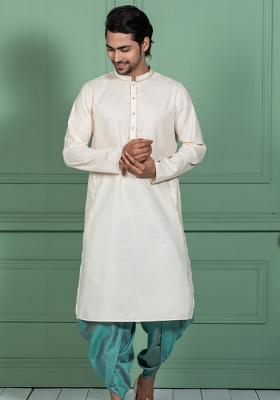 White Solid Cotton Blend Kurta For Men