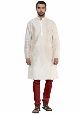 White Solid Cotton Blend Kurta For Men