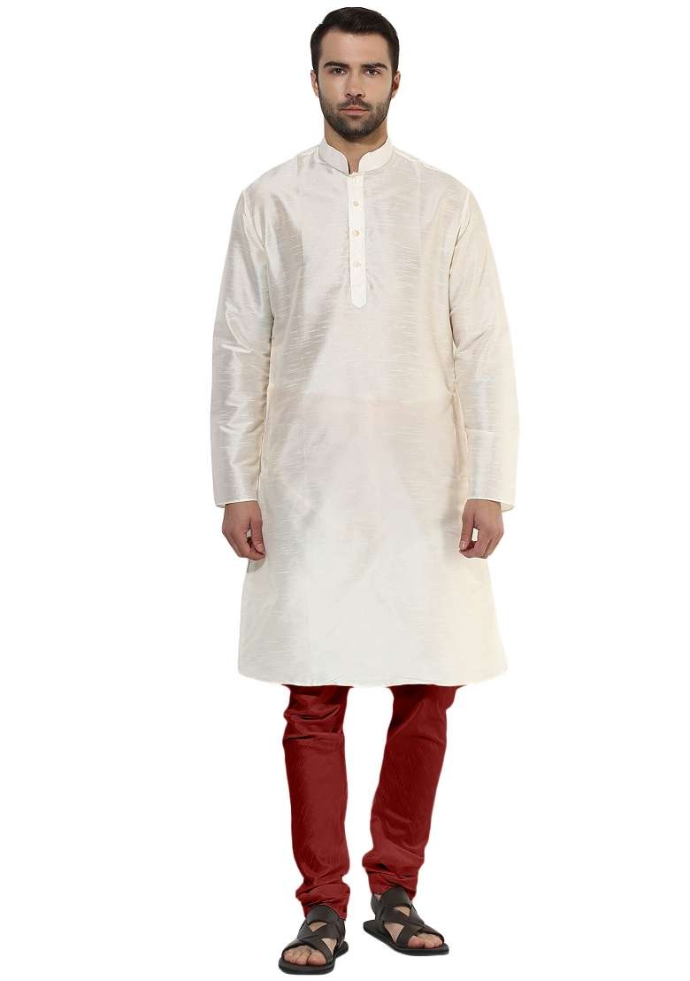 White Solid Cotton Blend Kurta For Men - Indya