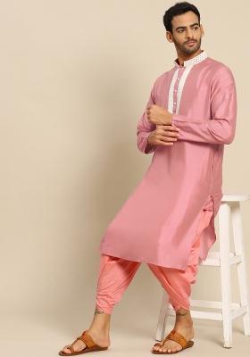 Pink Embroidered Cotton Blend Kurta For Men