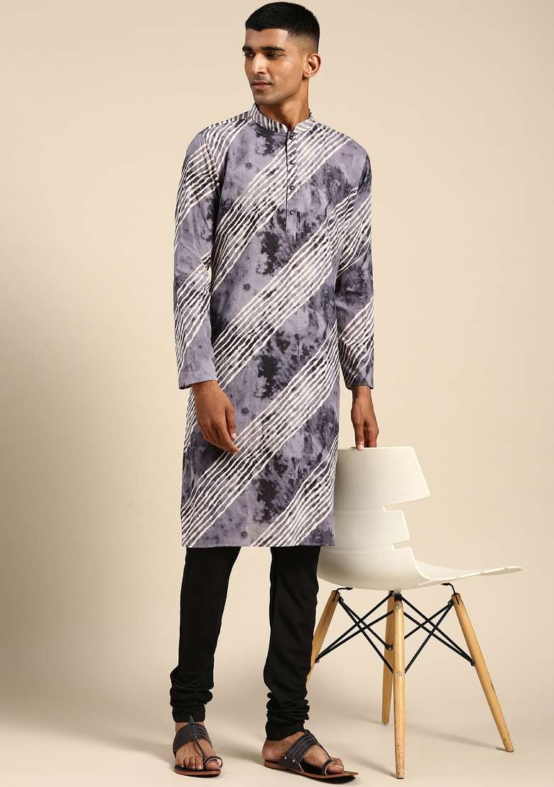 Grey Printed Cotton Blend Kurta For Men - Indya