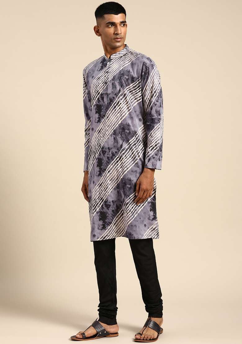 Grey Printed Cotton Blend Kurta For Men - Indya