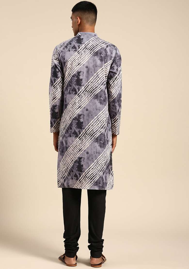 Grey Printed Cotton Blend Kurta For Men - Indya