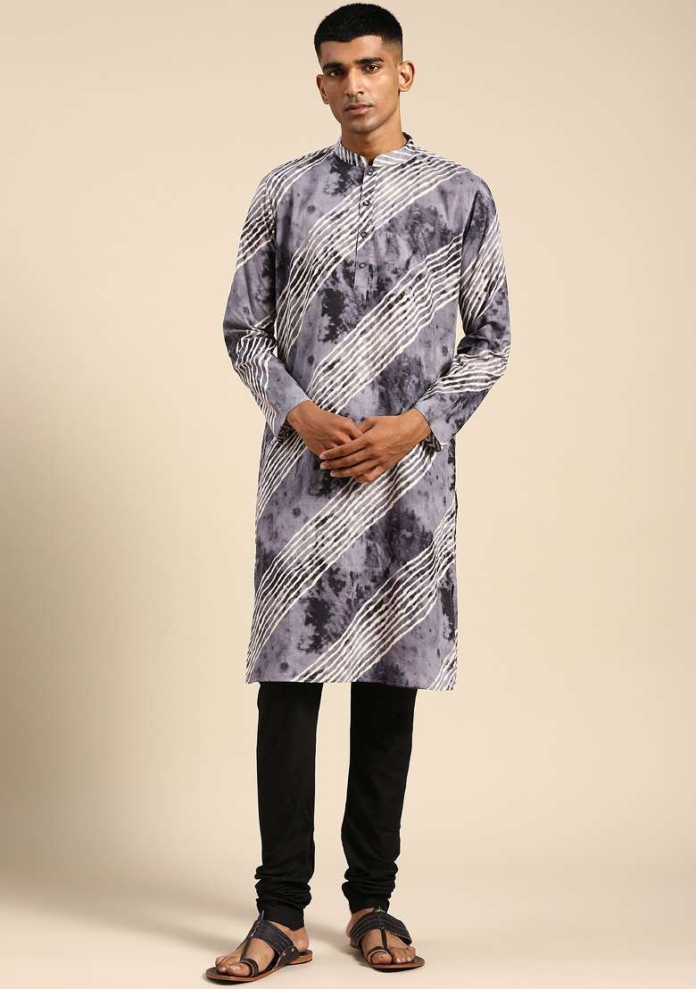 Grey Printed Cotton Blend Kurta For Men - Indya