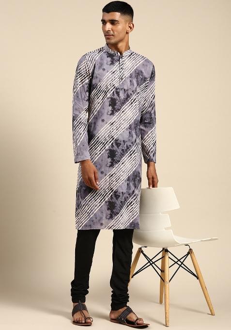 Grey Printed Cotton Blend Kurta For Men