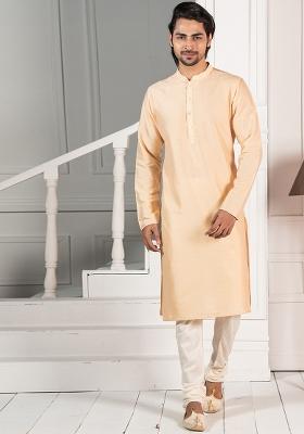 Beige Solid Cotton Blend Kurta For Men