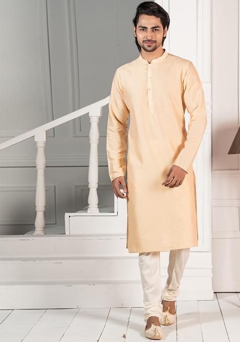 Beige Solid Cotton Blend Kurta For Men