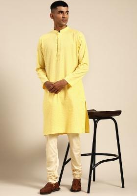Yellow Printed Cotton Silk Kurta For Men