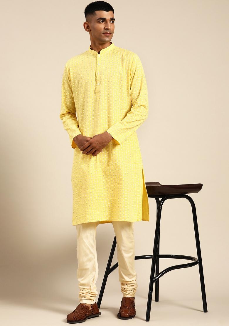 Yellow Printed Cotton Silk Kurta For Men