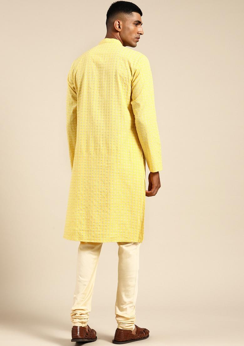 Yellow Printed Cotton Silk Kurta For Men