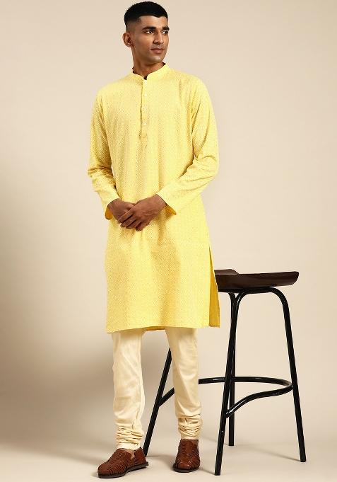 Yellow Printed Cotton Silk Kurta For Men