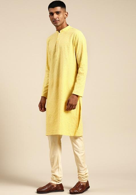 Yellow Printed Cotton Silk Kurta For Men