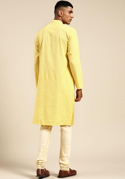 Yellow Printed Cotton Silk Kurta For Men