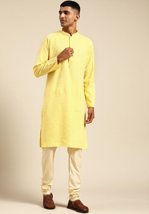 Yellow Printed Cotton Silk Kurta For Men