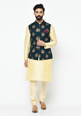 Blue Printed Cotton Blend Nehru Jacket For Men