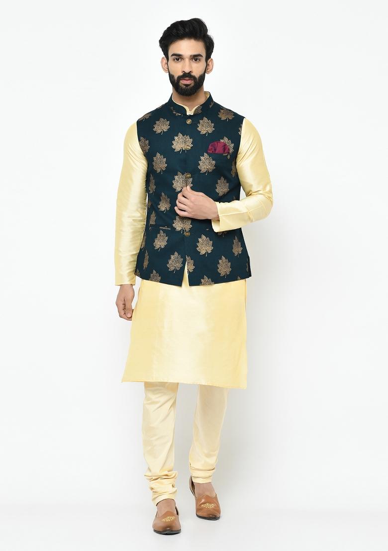 Blue Printed Cotton Blend Nehru Jacket For Men