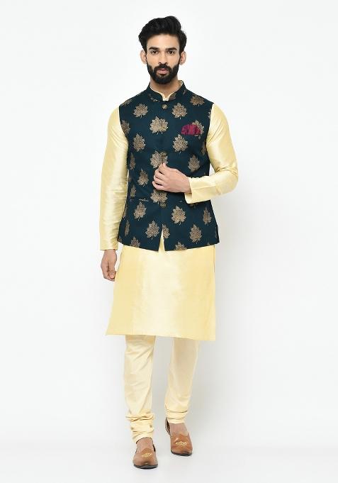 Blue Printed Cotton Blend Nehru Jacket For Men