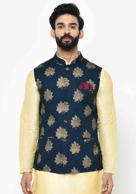 Blue Printed Cotton Blend Nehru Jacket For Men