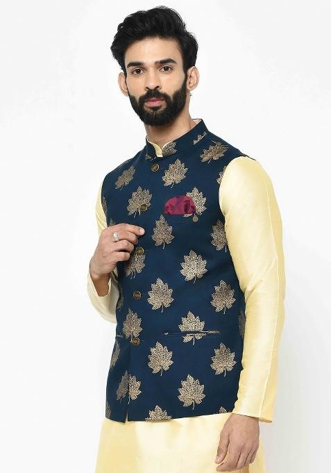 Blue Printed Cotton Blend Nehru Jacket For Men