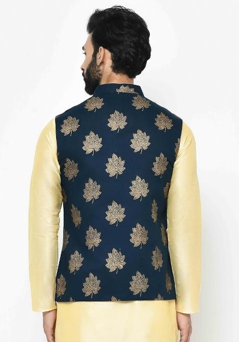 Blue Printed Cotton Blend Nehru Jacket For Men
