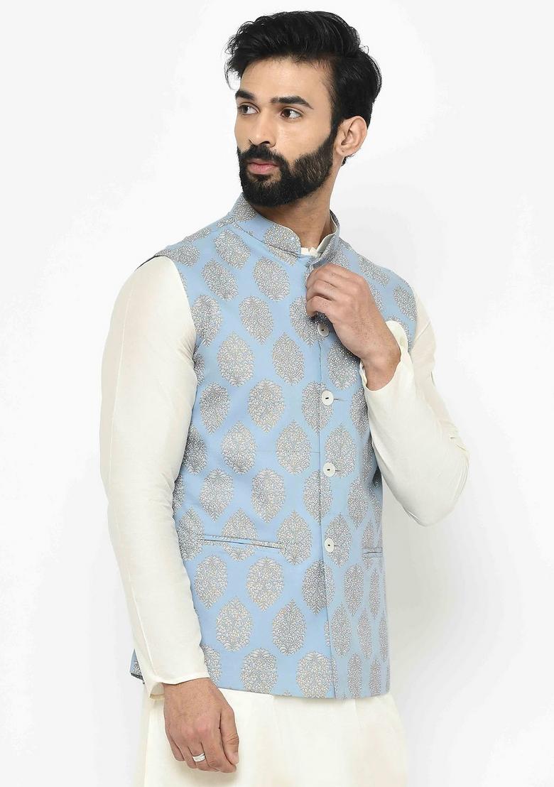 Blue Printed Cotton Blend Nehru Jacket For Men