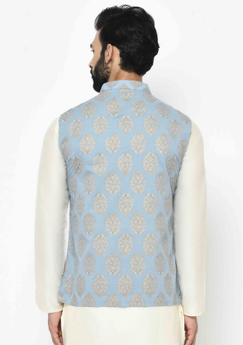 Blue Printed Cotton Blend Nehru Jacket For Men