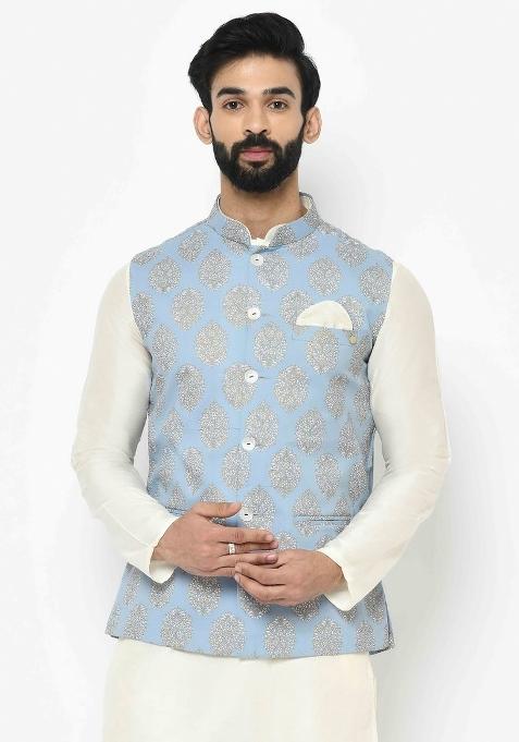 Blue Printed Cotton Blend Nehru Jacket For Men