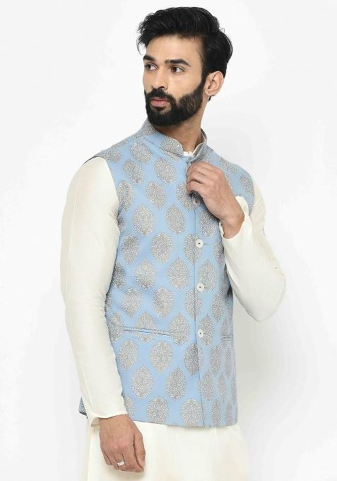 Blue Printed Cotton Blend Nehru Jacket For Men