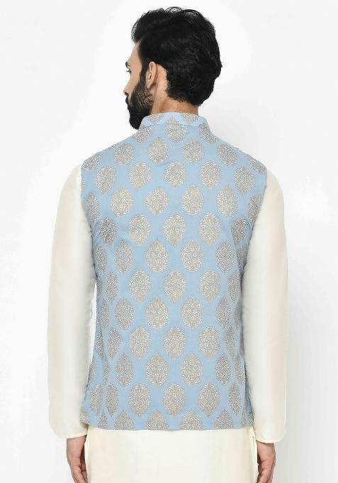 Blue Printed Cotton Blend Nehru Jacket For Men