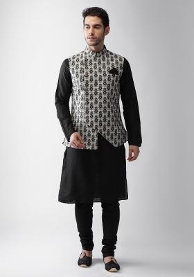 Grey Printed Cotton Blend Nehru Jacket For Men