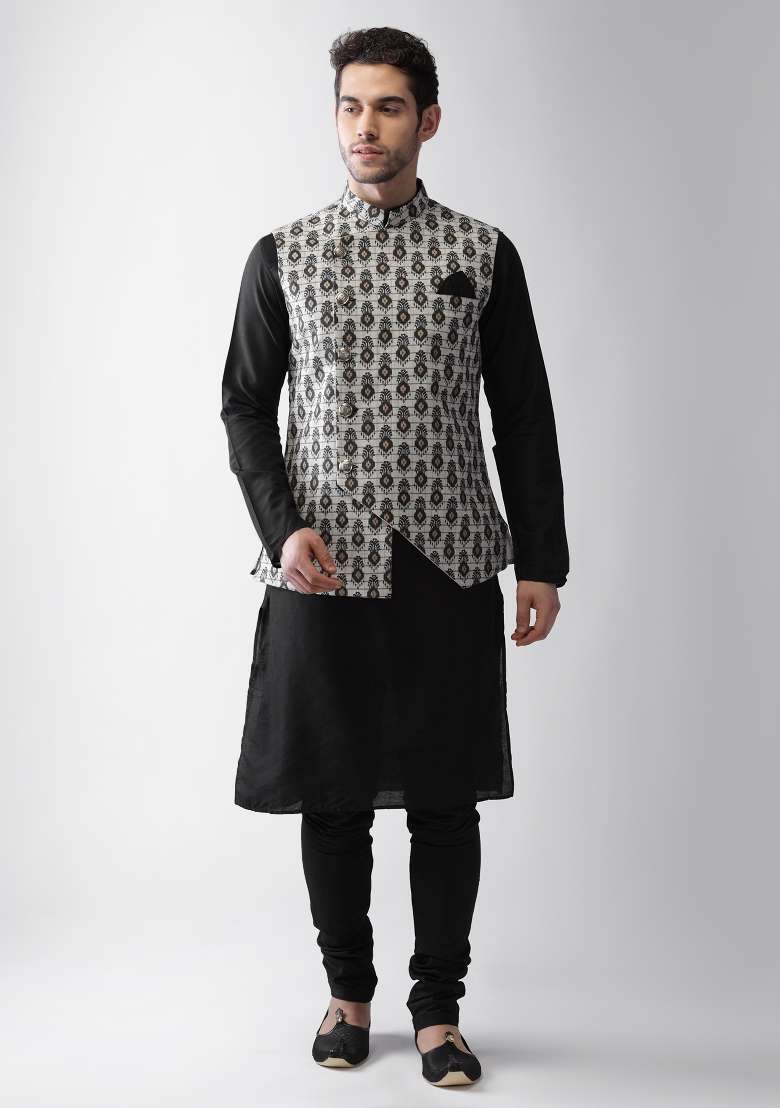 Grey Printed Cotton Blend Nehru Jacket For Men - Indya