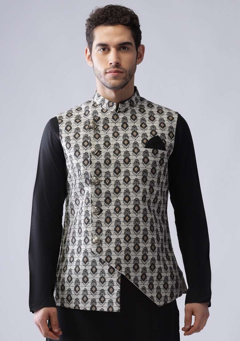 Grey Printed Cotton Blend Nehru Jacket For Men - Indya