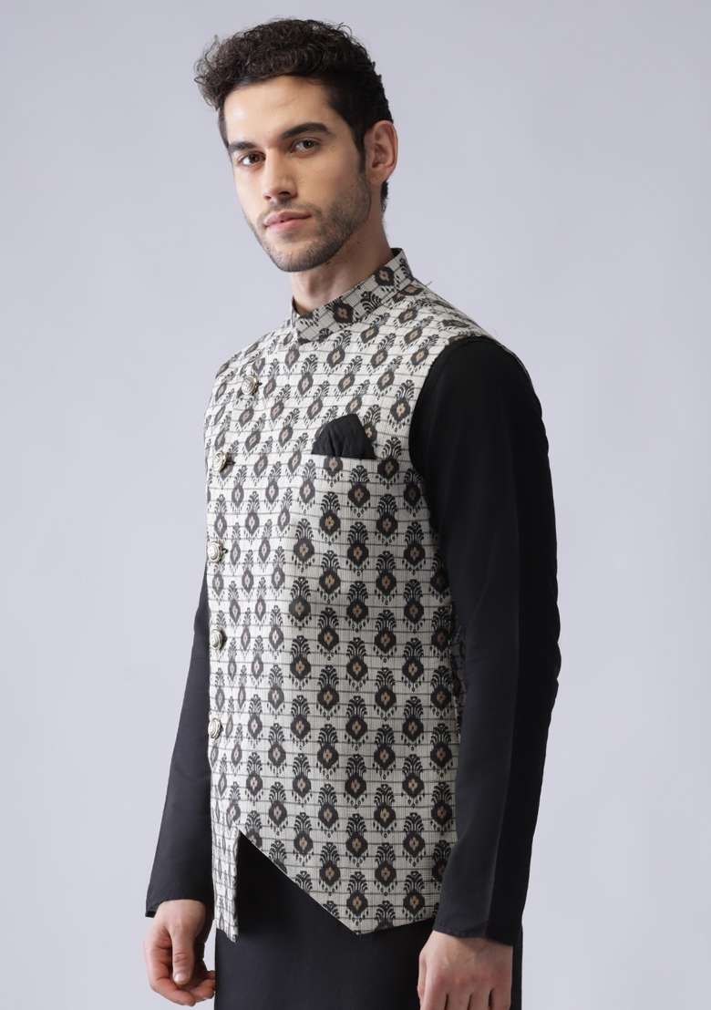 Grey Printed Cotton Blend Nehru Jacket For Men - Indya